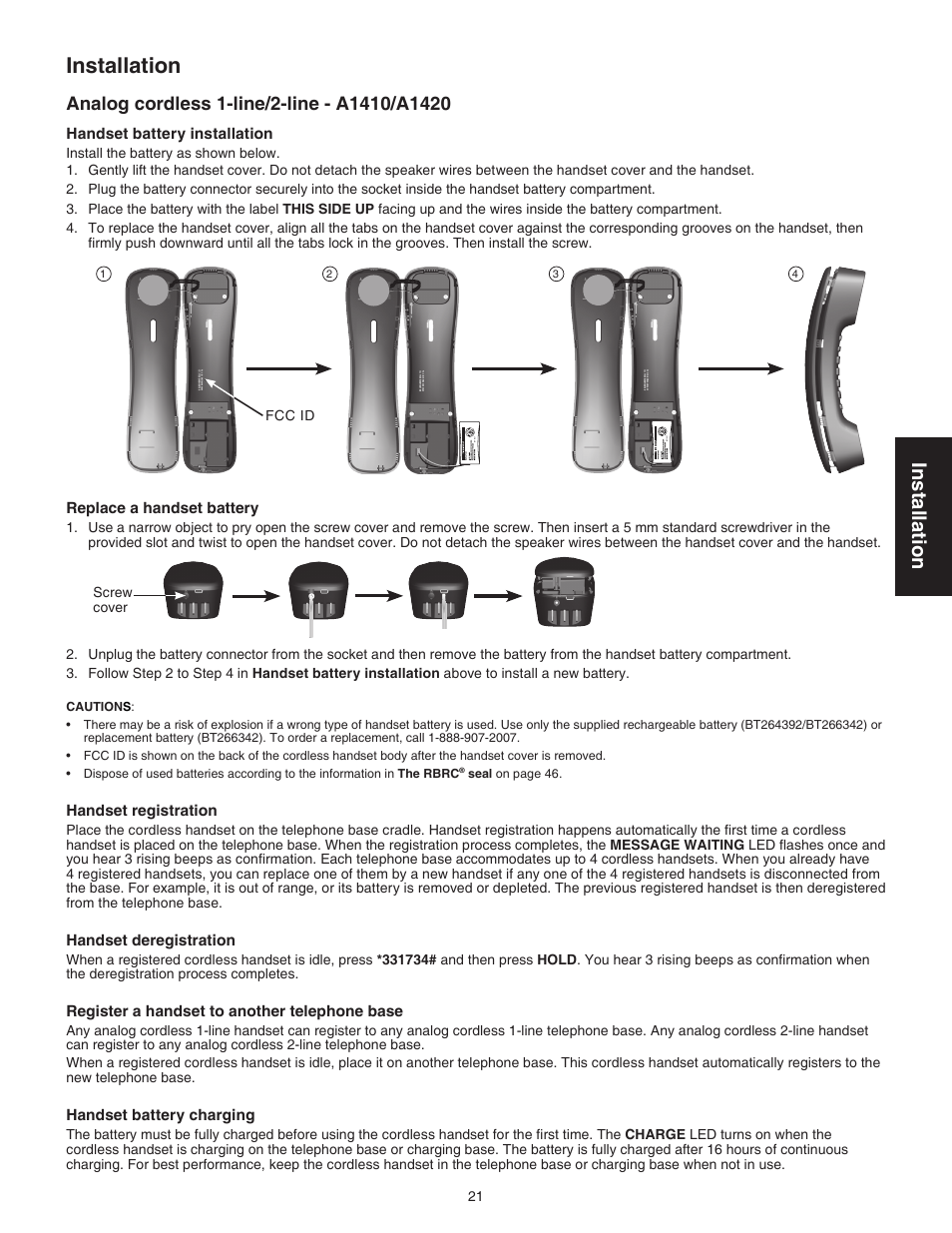 Installation, Handset battery installation, Replace a handset battery | Handset registration, Handset deregistration, Register a handset to another telephone base, Handset battery charging, By 102 1, By 1021, Fcc id screw cover | VTech C3200 Manual User Manual | Page 24 / 56