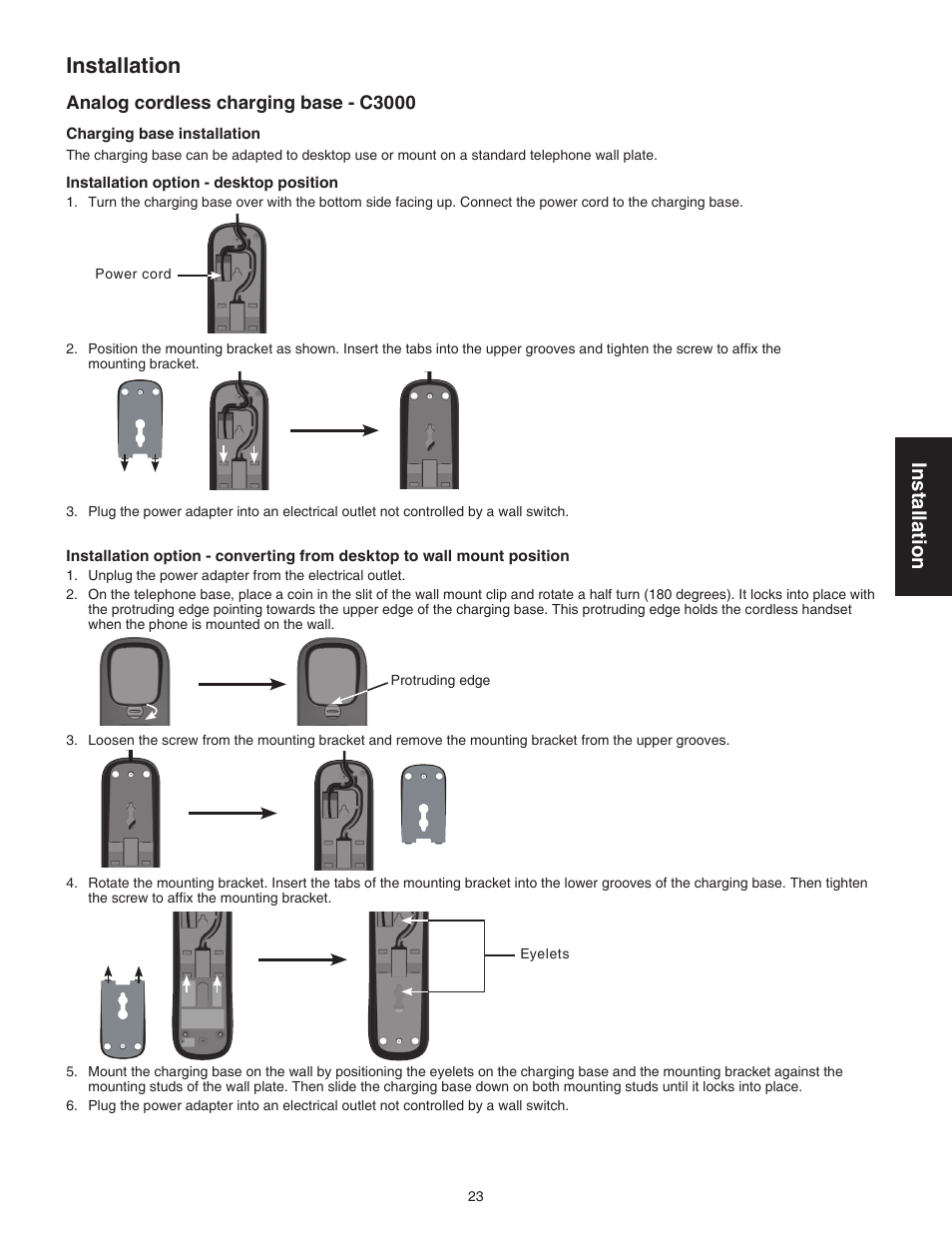 Analog cordless charging base - c3000, Installation | VTech C3200 Manual User Manual | Page 26 / 56