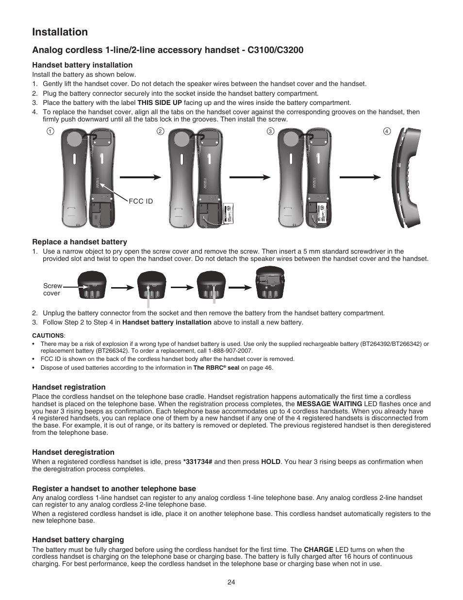 Installation, Handset battery installation, Replace a handset battery | Handset registration, Handset deregistration, Register a handset to another telephone base, Handset battery charging, By 102 1, By 1021, Fcc id screw cover | VTech C3200 Manual User Manual | Page 27 / 56