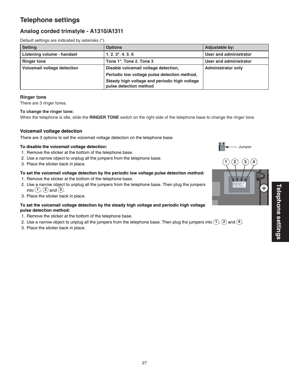 Analog corded trimstyle - a1310/a1311, Telephone settings | VTech C3200 Manual User Manual | Page 30 / 56