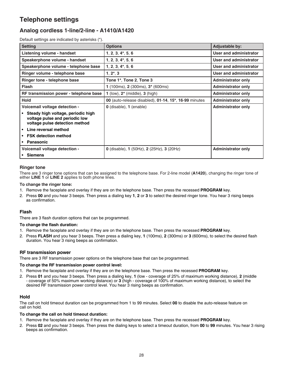 Analog cordless 1-line/2-line - a1410/a1420, Telephone settings | VTech C3200 Manual User Manual | Page 31 / 56