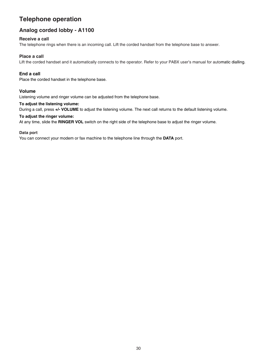 Telephone operation, Analog corded lobby - a1100, Telephone operation analog corded lobby - a1100 | VTech C3200 Manual User Manual | Page 33 / 56