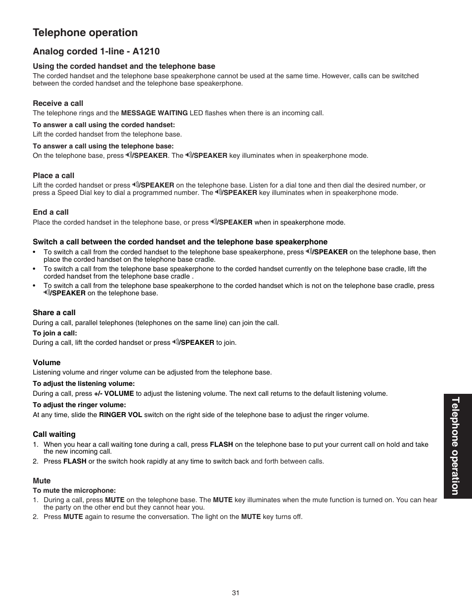 Analog corded 1-line - a1210, Telephone operation | VTech C3200 Manual User Manual | Page 34 / 56