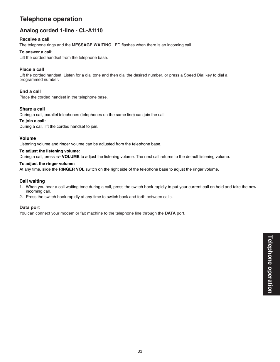 Analog corded 1-line - cl-a1110, Telephone operation | VTech C3200 Manual User Manual | Page 36 / 56