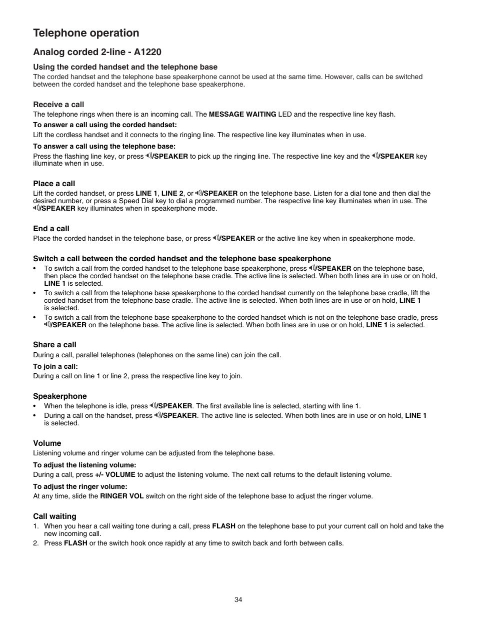 Analog corded 2-line - a1220, Telephone operation | VTech C3200 Manual User Manual | Page 37 / 56