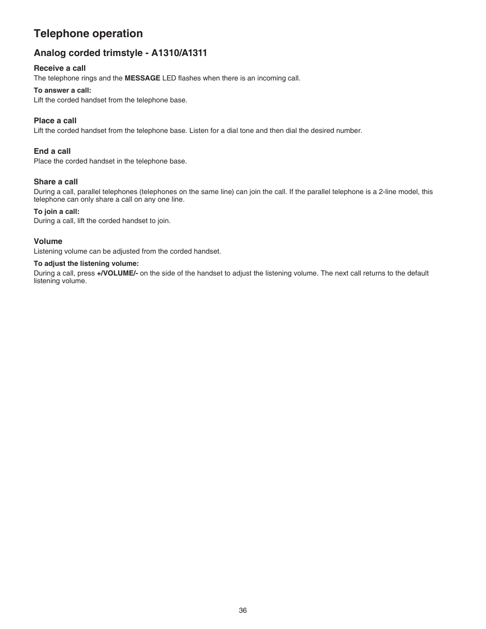 Analog corded trimstyle - a1310/a1311, Telephone operation | VTech C3200 Manual User Manual | Page 39 / 56