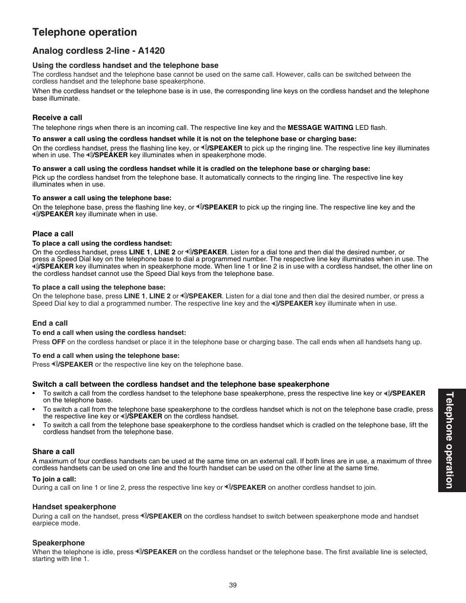 Analog cordless 2-line - a1420, Telephone operation | VTech C3200 Manual User Manual | Page 42 / 56