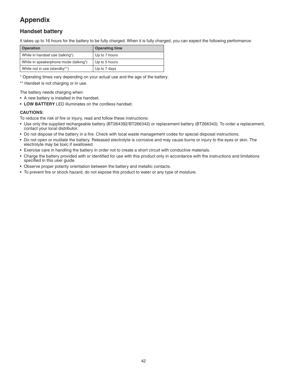 Appendix, Handset battery, Appendix handset battery | VTech C3200 Manual User Manual | Page 45 / 56