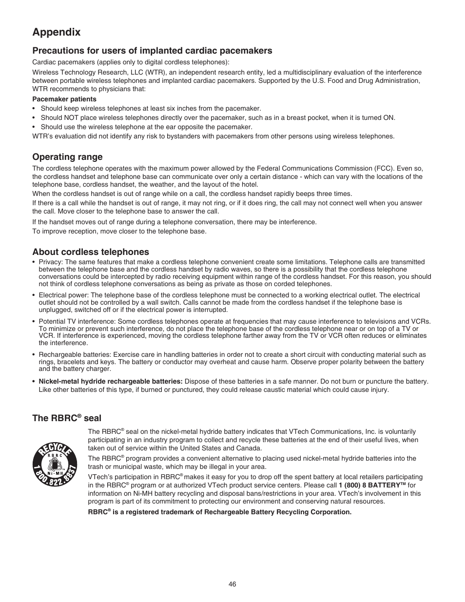 Operating range, About cordless telephones, The rbrc® seal | The rbrc, Seal, Appendix | VTech C3200 Manual User Manual | Page 49 / 56