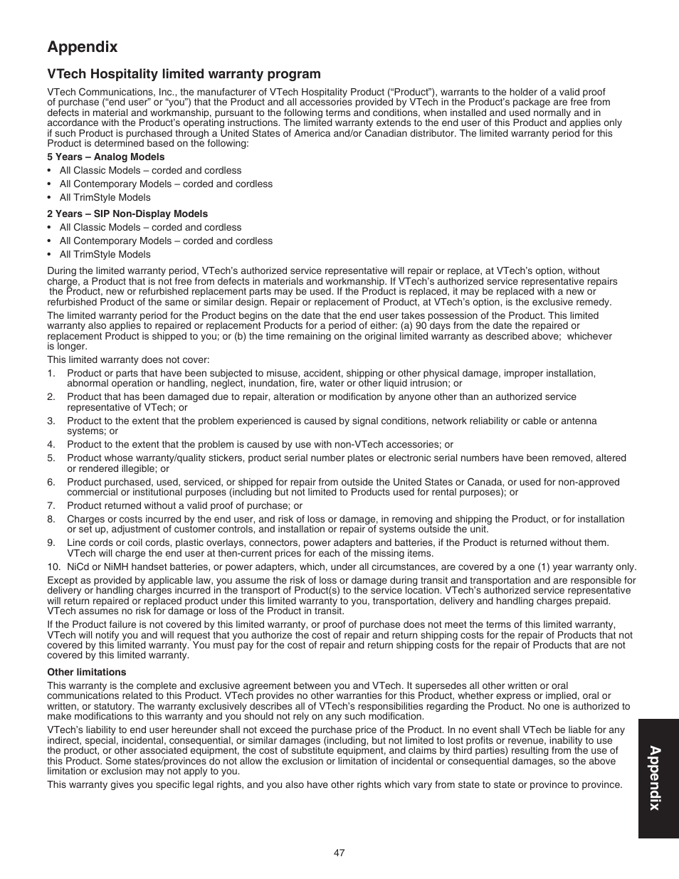 Vtech hospitality limited warranty program, Appendix | VTech C3200 Manual User Manual | Page 50 / 56