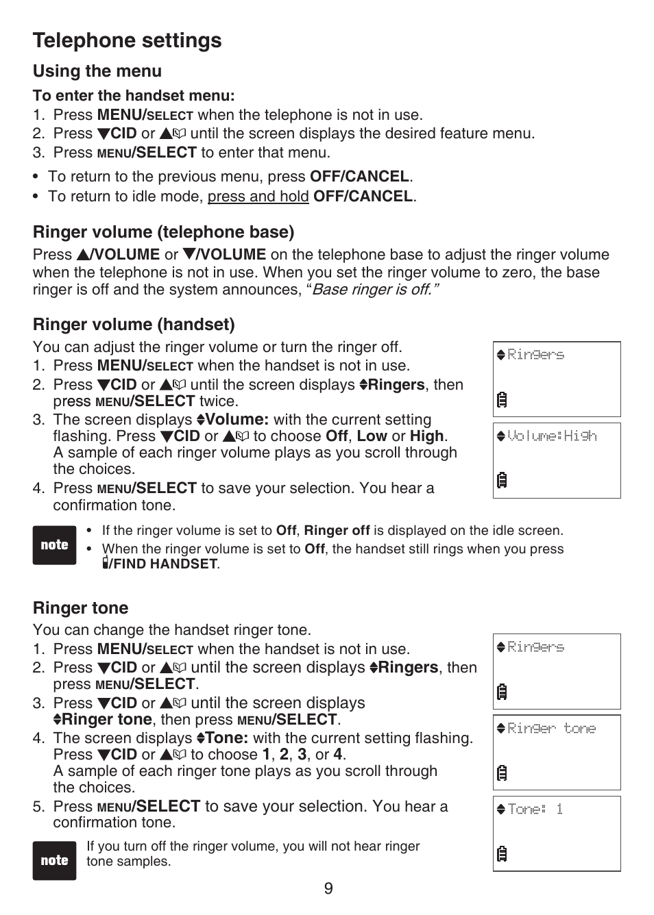 Telephone settings, Using the menu, Ringer volume (telephone base) | Ringer volume (handset), Ringer tone | VTech CS6124_-2-31 Manual User Manual | Page 13 / 55