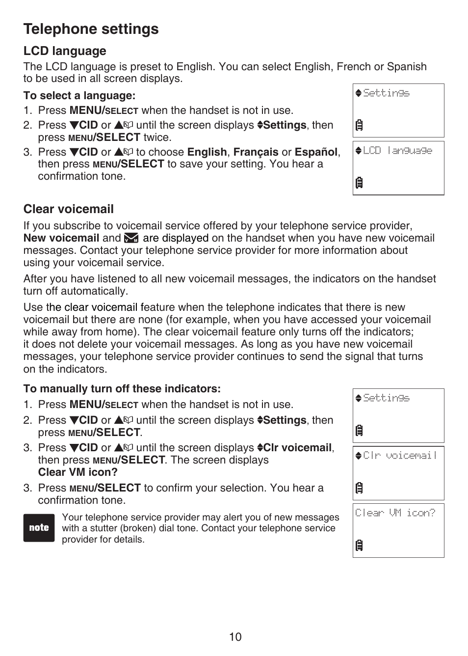 Lcd language clear voicemail, Telephone settings, Lcd language | Clear voicemail | VTech CS6124_-2-31 Manual User Manual | Page 14 / 55