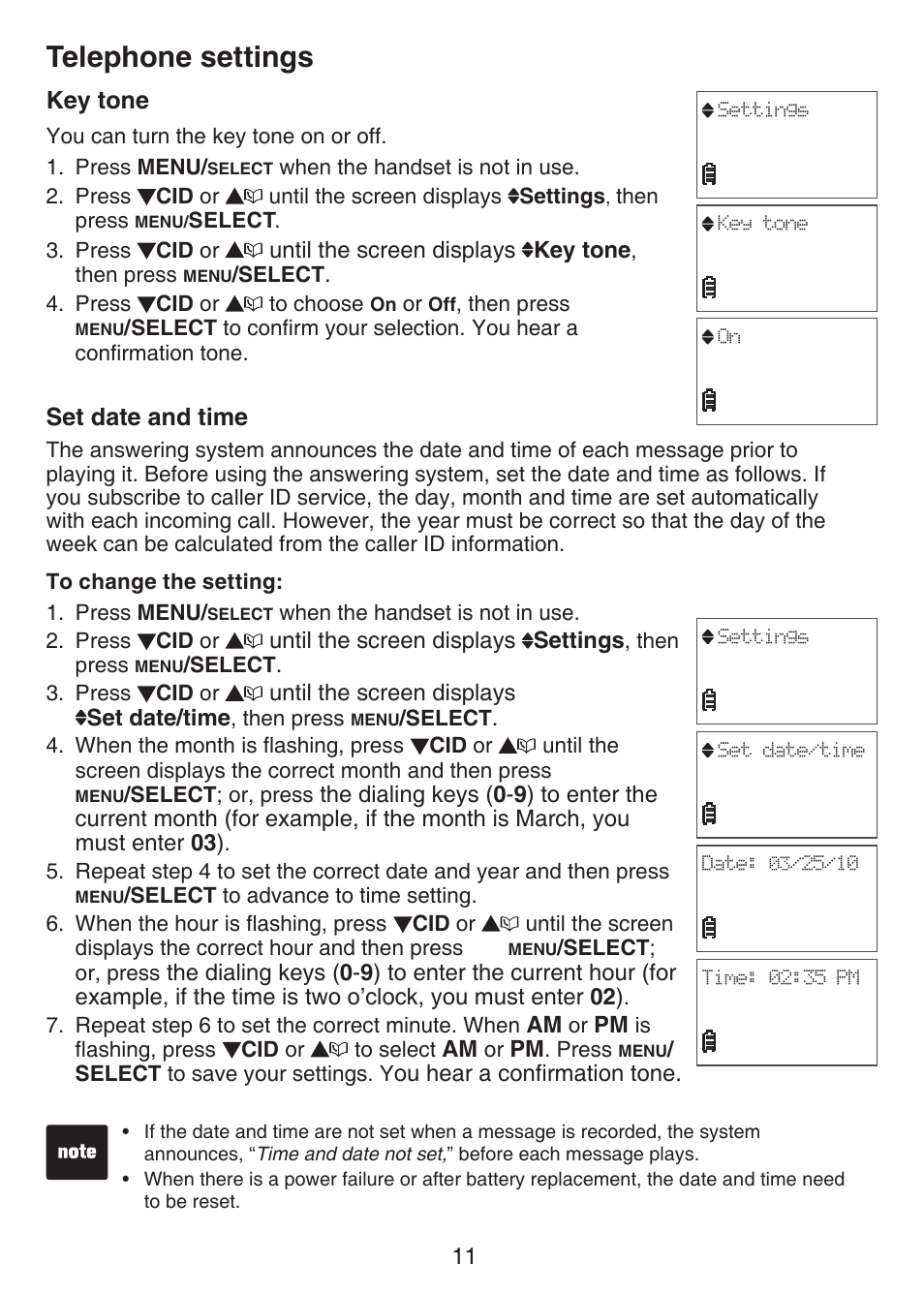 Key tone set date and time, Telephone settings, Key tone | Set date and time | VTech CS6124_-2-31 Manual User Manual | Page 15 / 55