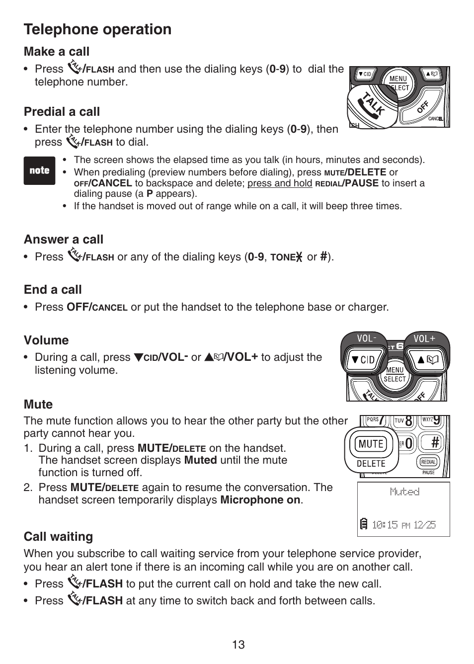 Telephone operation, Make a call, Predial a call | Answer a call, End a call, Volume, Mute, Call waiting | VTech CS6124_-2-31 Manual User Manual | Page 17 / 55