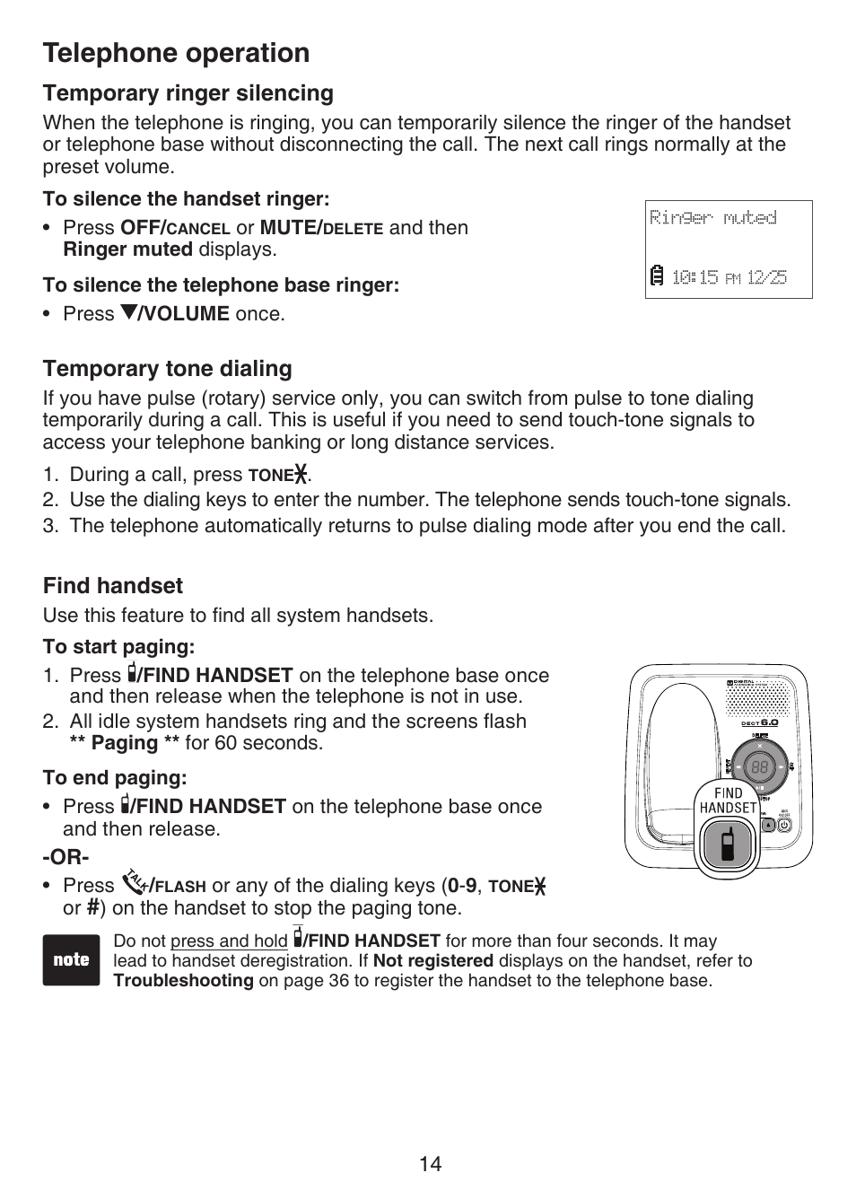 Telephone operation, Temporary ringer silencing, Temporary tone dialing | Find handset | VTech CS6124_-2-31 Manual User Manual | Page 18 / 55