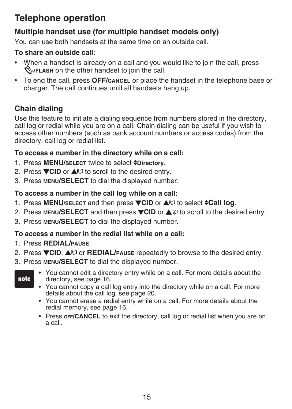 Multiple handset use chain dialing, Telephone operation, Chain dialing | VTech CS6124_-2-31 Manual User Manual | Page 19 / 55