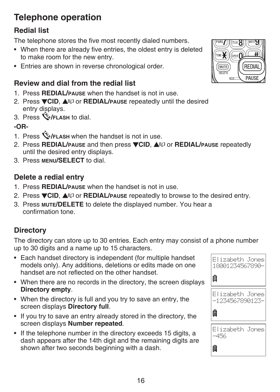 Redial list, Telephone operation, Review and dial from the redial list | Delete a redial entry, Directory | VTech CS6124_-2-31 Manual User Manual | Page 20 / 55