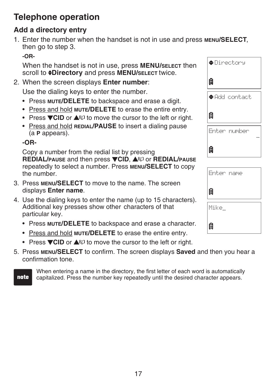 Add a directory entry, Telephone operation | VTech CS6124_-2-31 Manual User Manual | Page 21 / 55