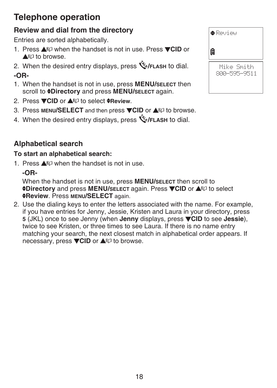 Telephone operation, Review and dial from the directory, Alphabetical search | VTech CS6124_-2-31 Manual User Manual | Page 22 / 55