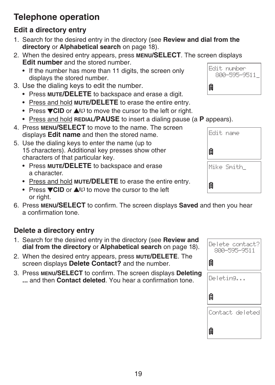 Edit a directory entry delete a directory entry, Telephone operation, Edit a directory entry | Delete a directory entry | VTech CS6124_-2-31 Manual User Manual | Page 23 / 55