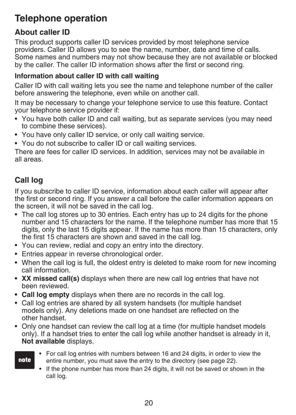 About caller id call log, Telephone operation | VTech CS6124_-2-31 Manual User Manual | Page 24 / 55