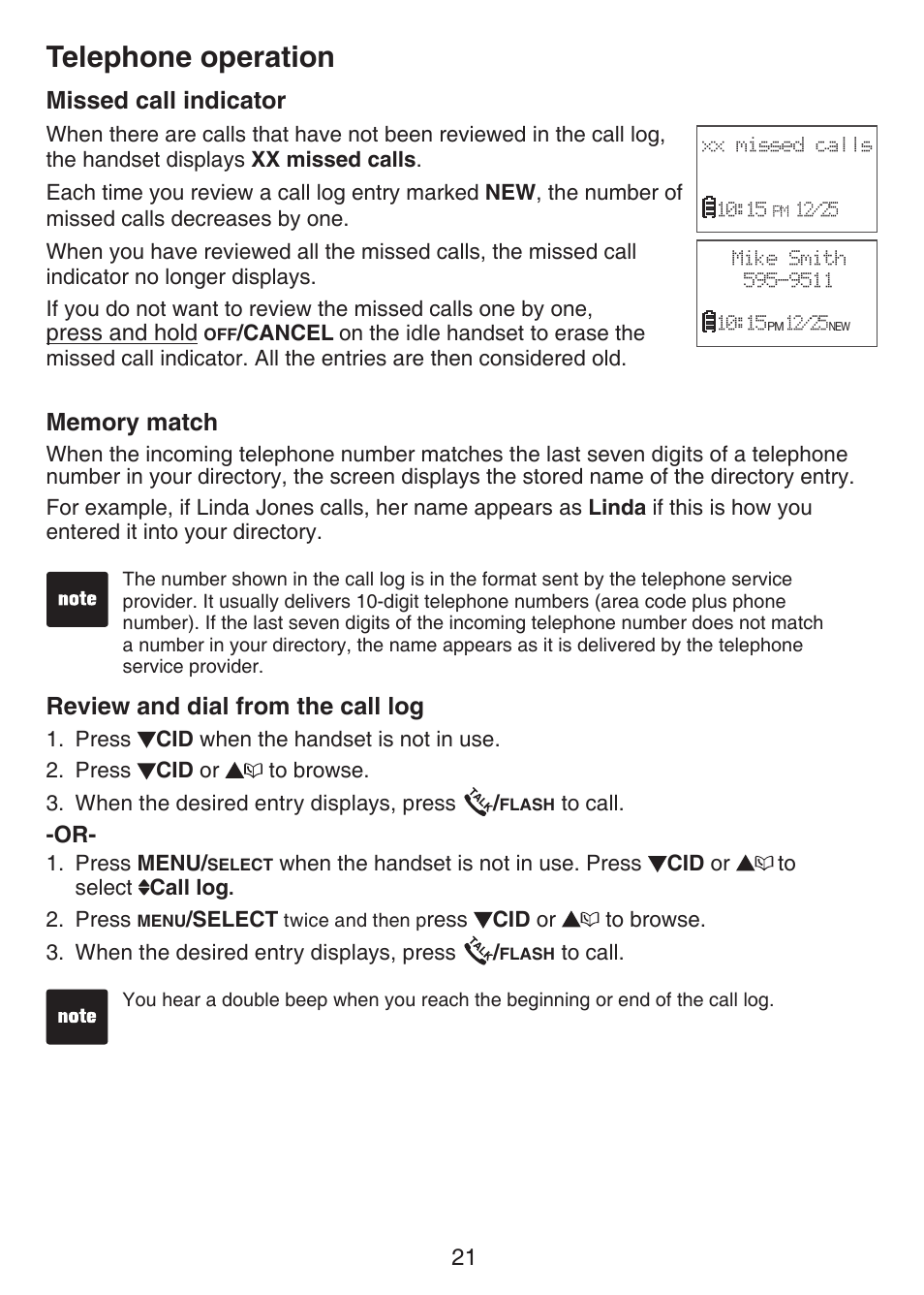 Telephone operation, Missed call indicator, Review and dial from the call log | VTech CS6124_-2-31 Manual User Manual | Page 25 / 55