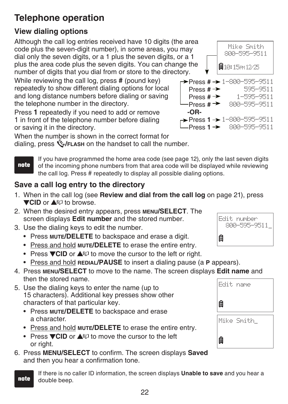 View dialing options save a call log entry to the, Directory, Telephone operation | View dialing options, Save a call log entry to the directory | VTech CS6124_-2-31 Manual User Manual | Page 26 / 55