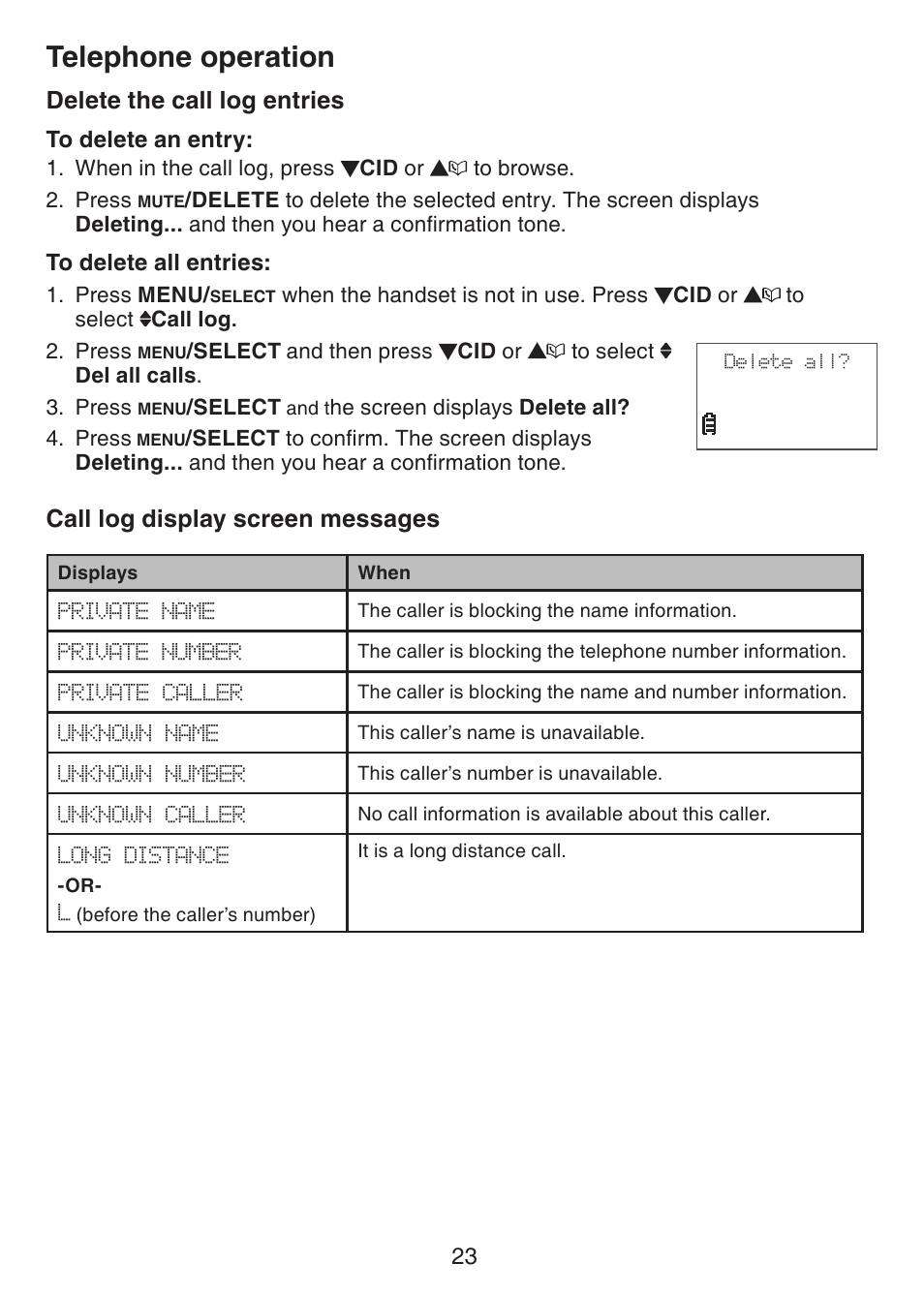 Telephone operation, Delete the call log entries, Call log display screen messages | VTech CS6124_-2-31 Manual User Manual | Page 27 / 55