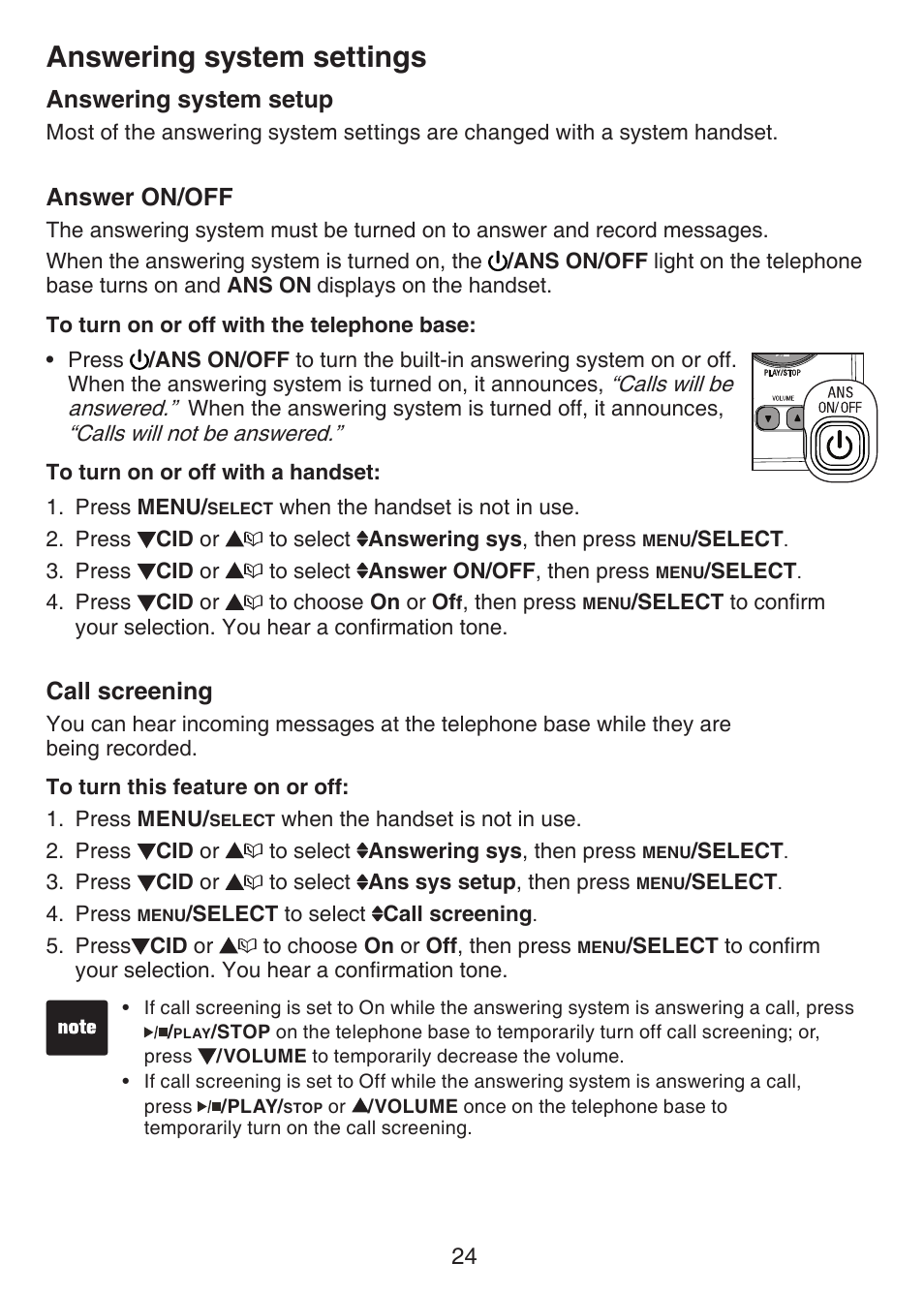 Answering system settings, Answering system setup, Answer on/off | Call screening | VTech CS6124_-2-31 Manual User Manual | Page 28 / 55