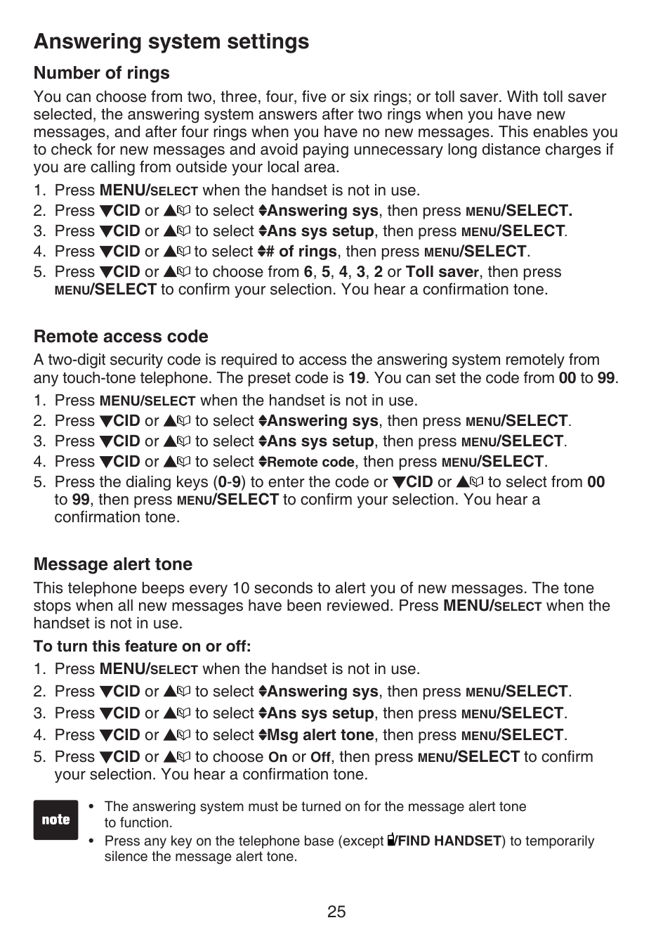 Answering system settings, Number of rings, Remote access code | Message alert tone | VTech CS6124_-2-31 Manual User Manual | Page 29 / 55