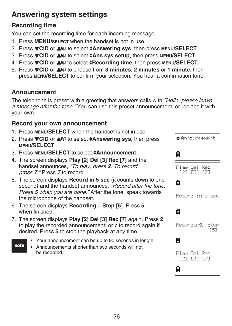 Answering system settings, Recording time, Announcement | Record your own announcement | VTech CS6124_-2-31 Manual User Manual | Page 30 / 55