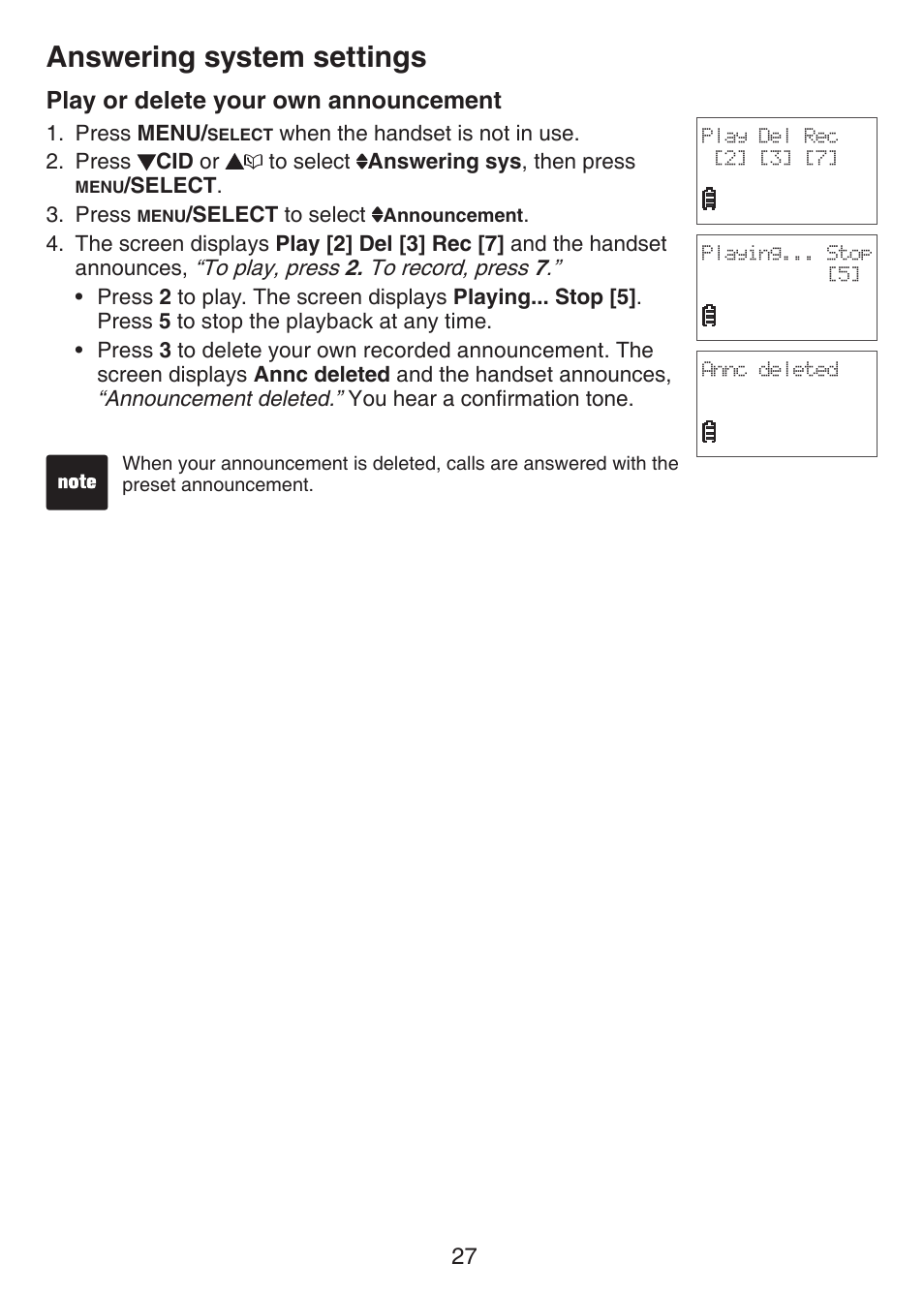 Play or delete your own, Announcement, Answering system settings | Play or delete your own announcement | VTech CS6124_-2-31 Manual User Manual | Page 31 / 55