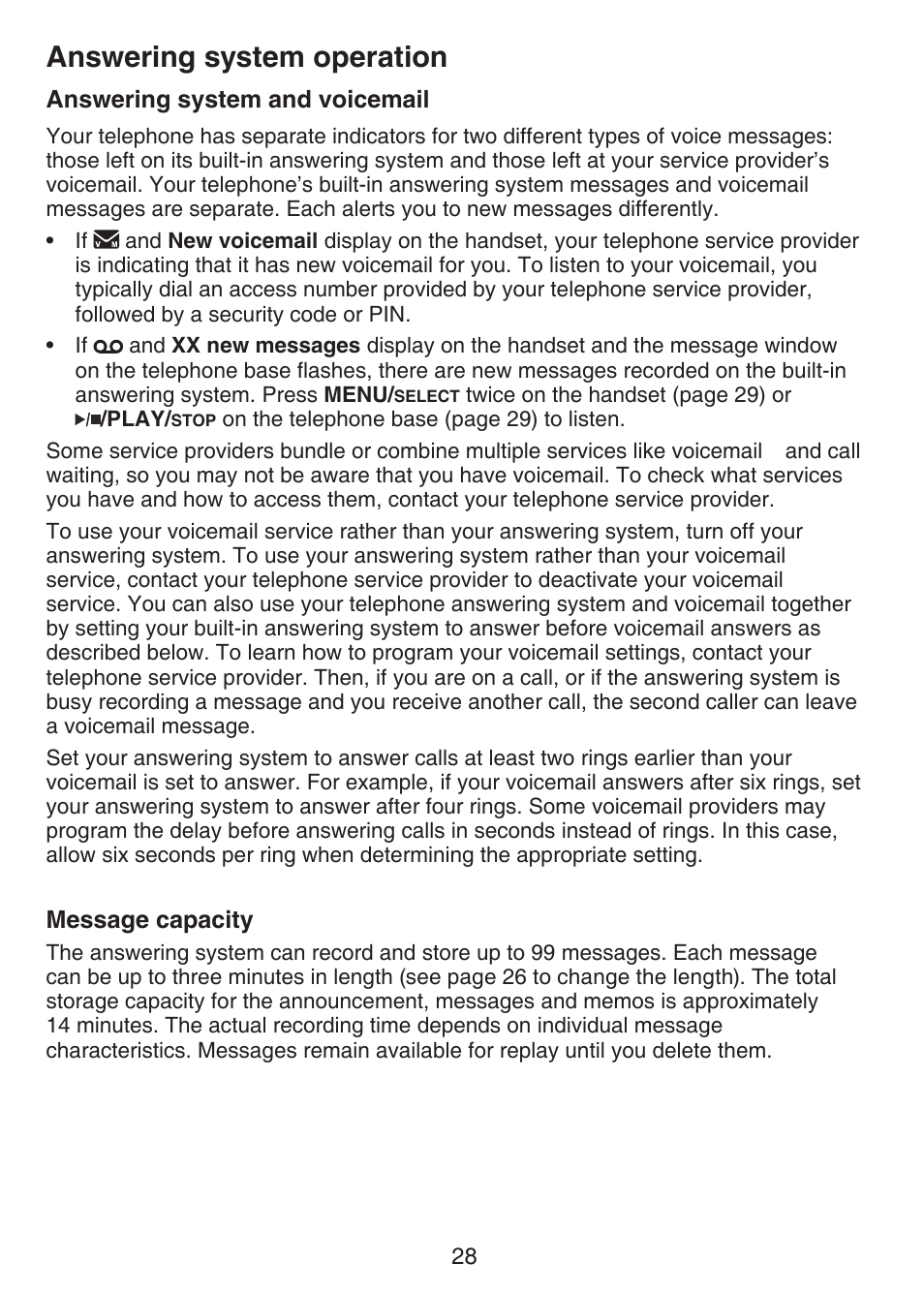 Answering system operation, Answering system and voicemail message capacity | VTech CS6124_-2-31 Manual User Manual | Page 32 / 55