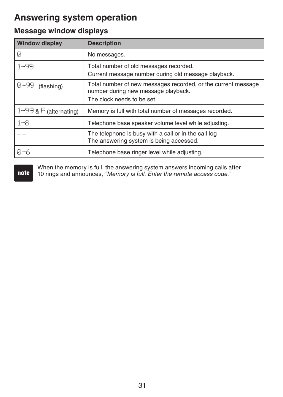 Message window displays, Answering system operation | VTech CS6124_-2-31 Manual User Manual | Page 35 / 55