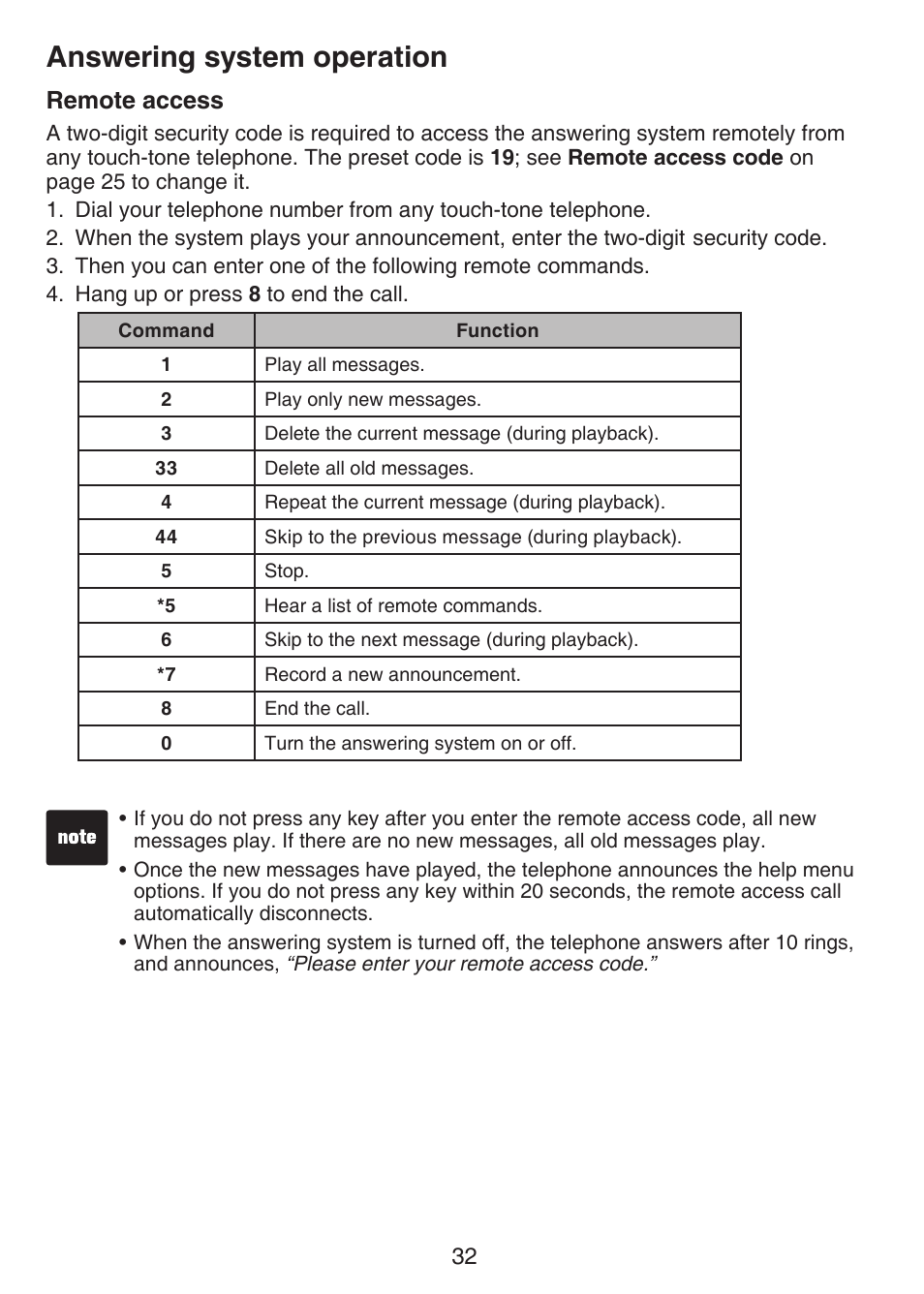 Remote access, Answering system operation | VTech CS6124_-2-31 Manual User Manual | Page 36 / 55