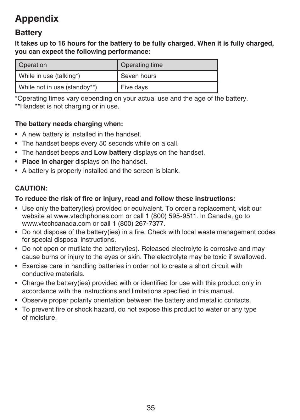 Battery, Appendix | VTech CS6124_-2-31 Manual User Manual | Page 39 / 55