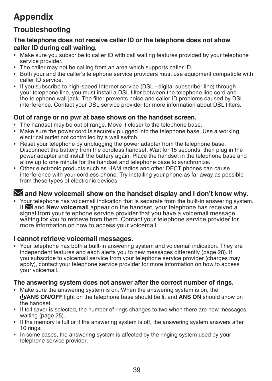 Appendix, Troubleshooting | VTech CS6124_-2-31 Manual User Manual | Page 43 / 55