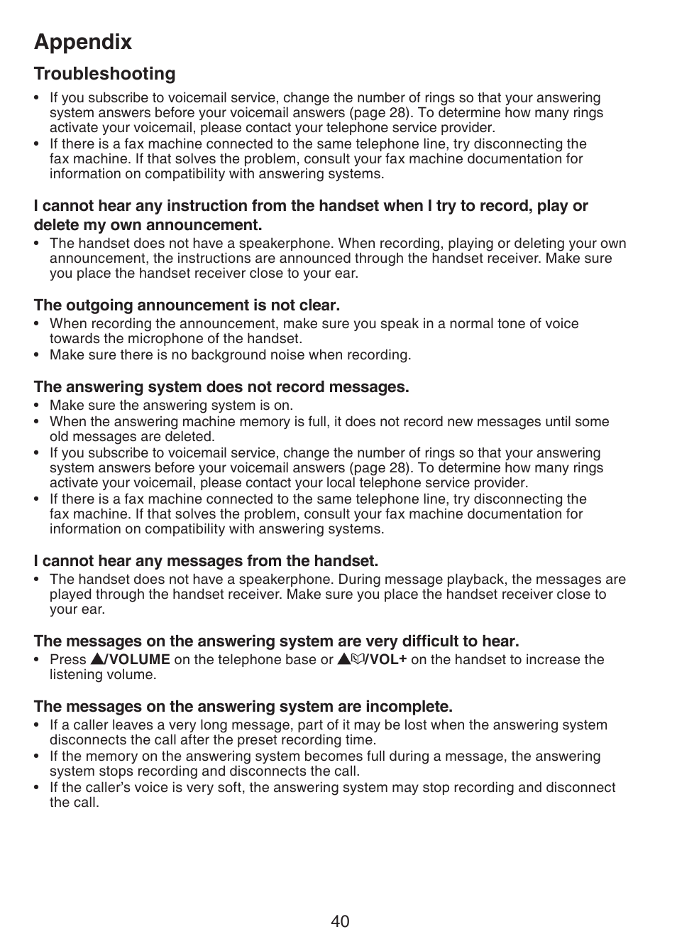 Appendix, Troubleshooting | VTech CS6124_-2-31 Manual User Manual | Page 44 / 55