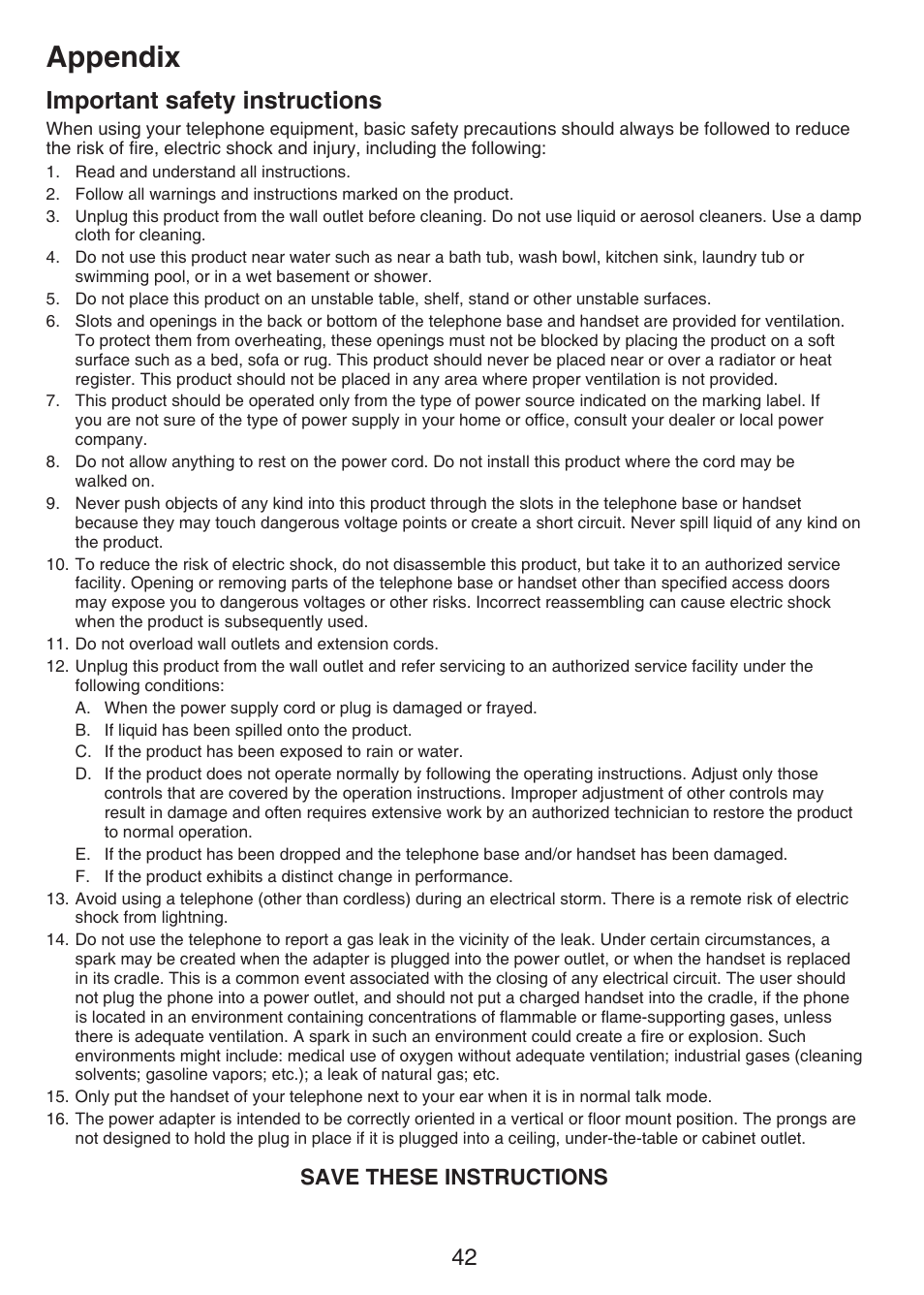 Important safety instructions, Appendix, Save these instructions | VTech CS6124_-2-31 Manual User Manual | Page 46 / 55