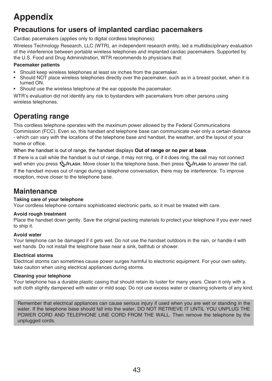 Precautions for users of implanted, Cardiac pacemakers, Operating range maintenance | Appendix, Operating range, Maintenance | VTech CS6124_-2-31 Manual User Manual | Page 47 / 55