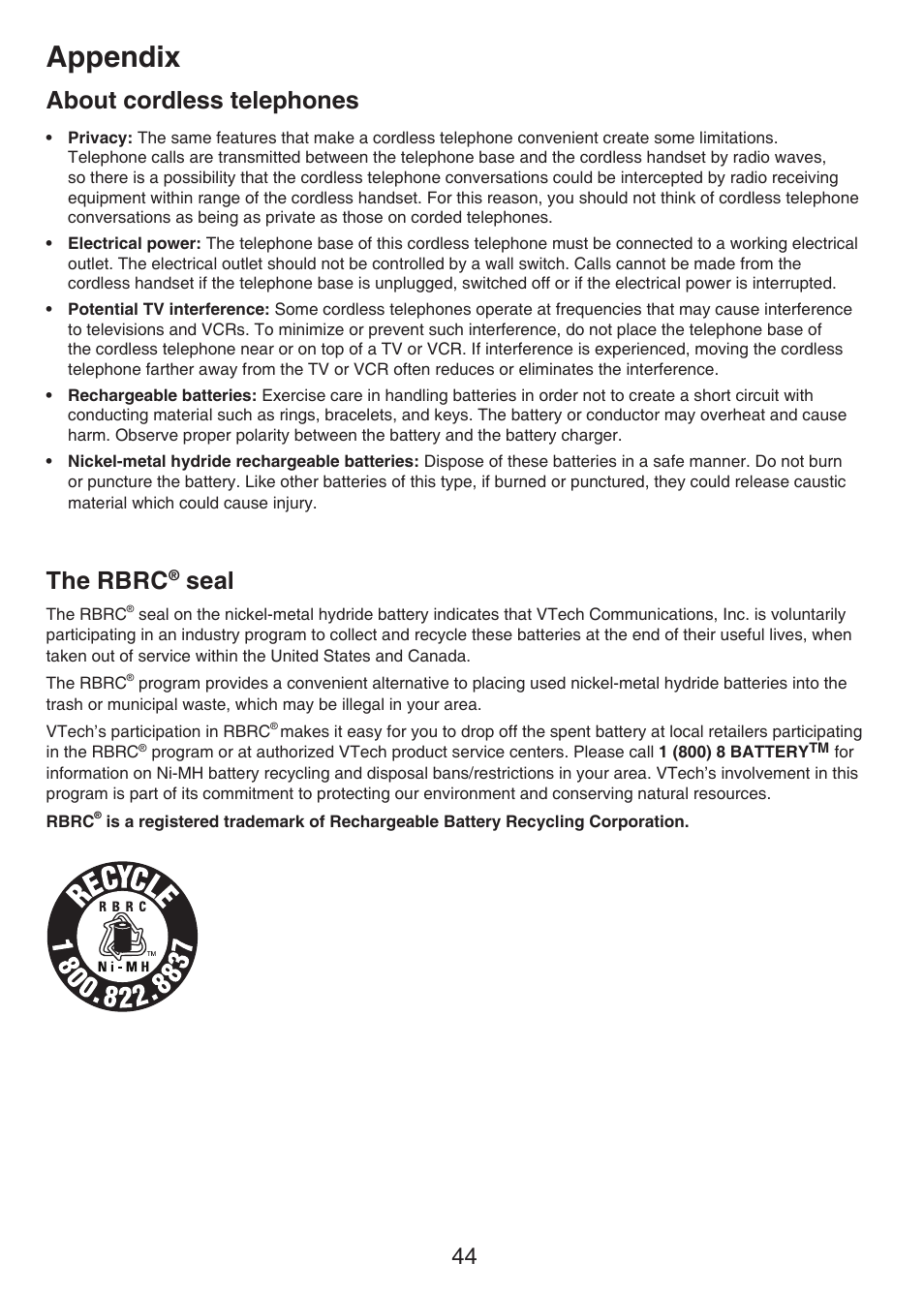 About cordless telephones the rbrc, Seal, Appendix | About cordless telephones, The rbrc | VTech CS6124_-2-31 Manual User Manual | Page 48 / 55