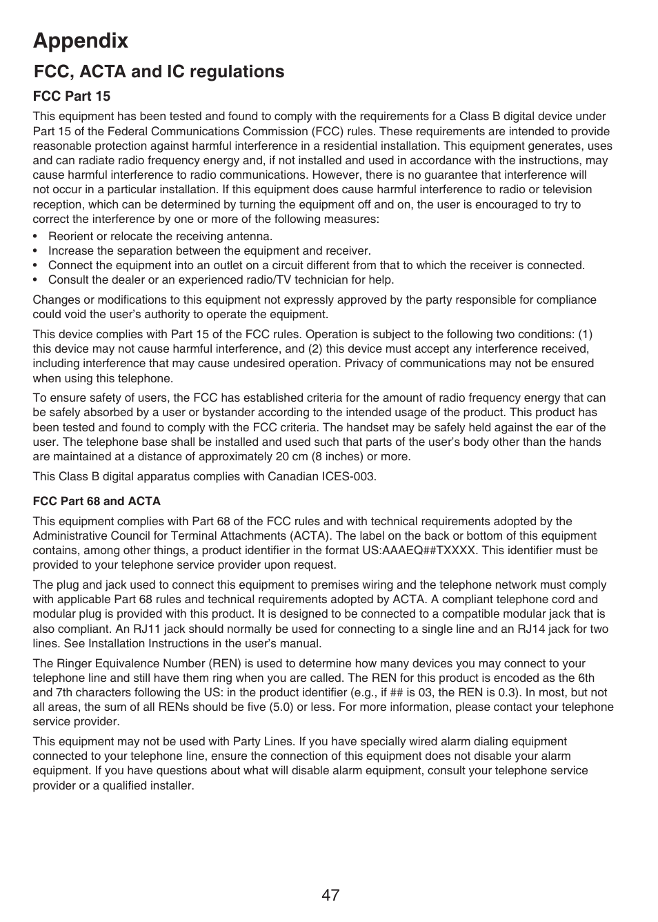 Fcc, acta and ic regulations, Appendix | VTech CS6124_-2-31 Manual User Manual | Page 51 / 55