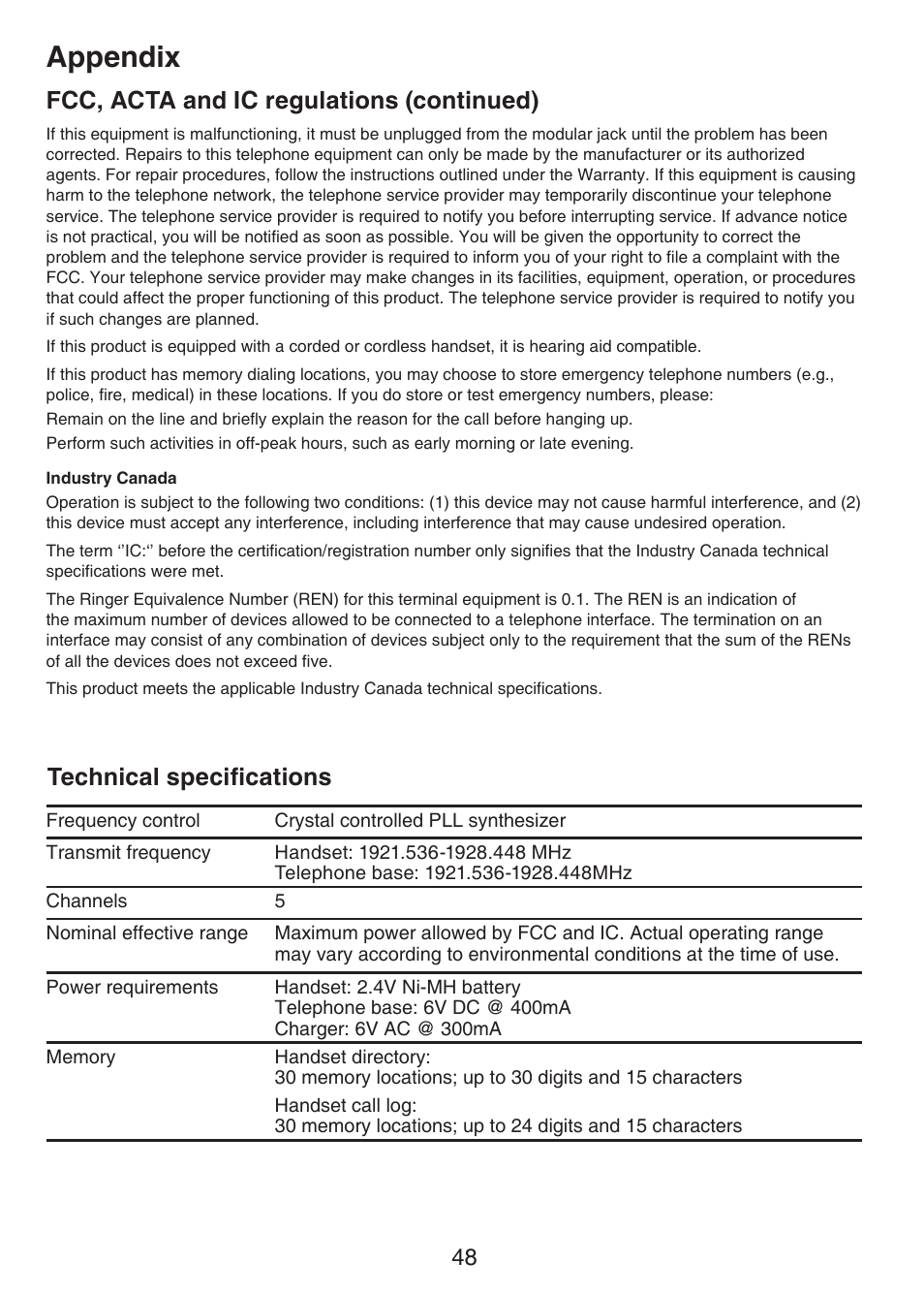 Technical specifications, Appendix | VTech CS6124_-2-31 Manual User Manual | Page 52 / 55