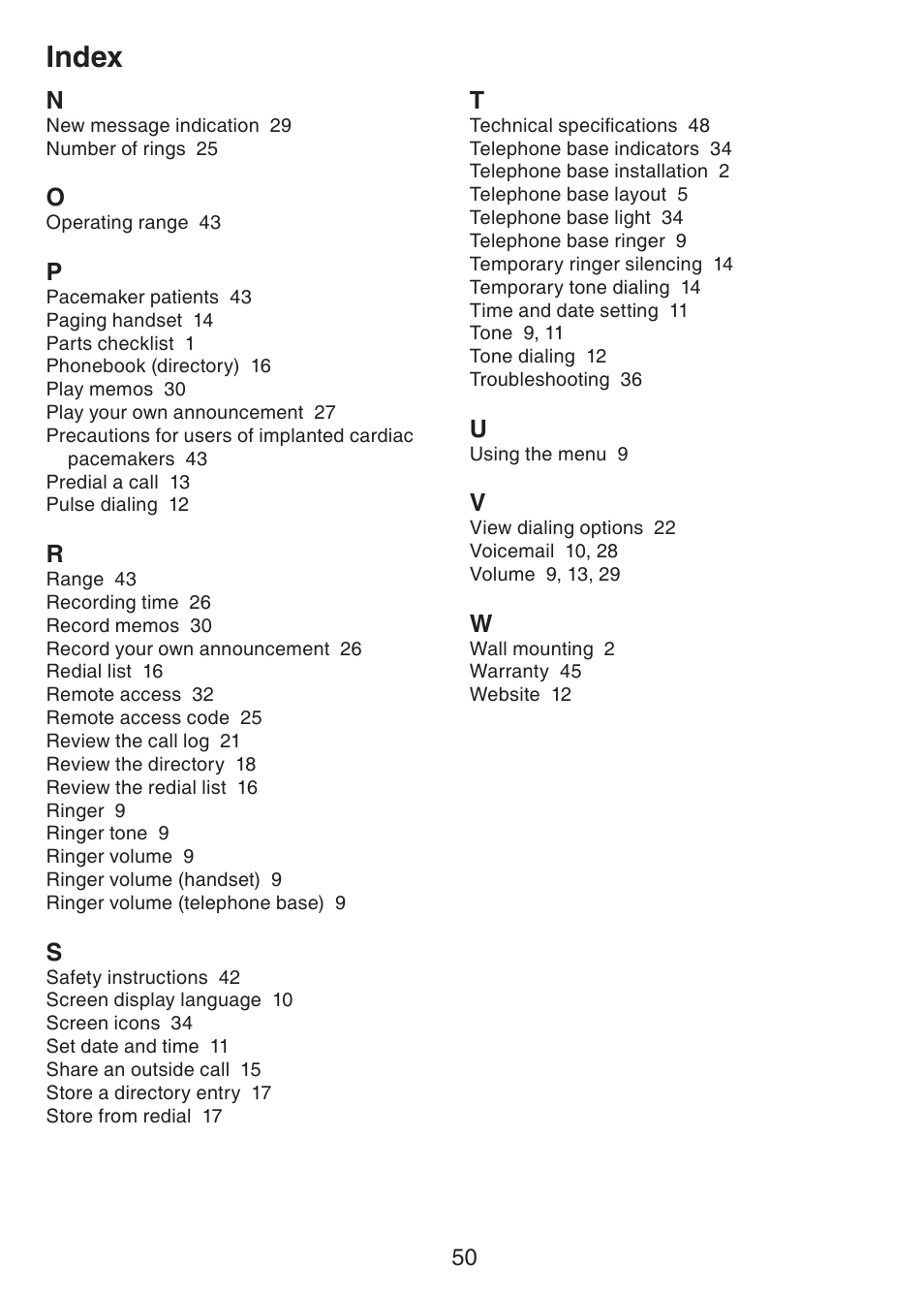 Index | VTech CS6124_-2-31 Manual User Manual | Page 54 / 55