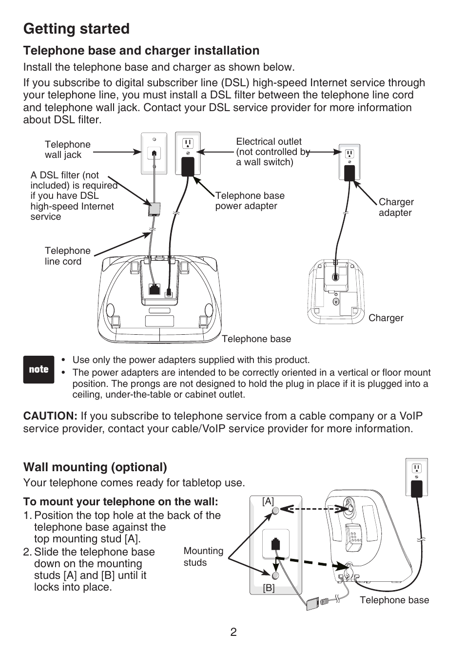 Telephone base and charger, Installation, Wall mounting (optional) | Getting started, Telephone base and charger installation | VTech CS6124_-2-31 Manual User Manual | Page 6 / 55