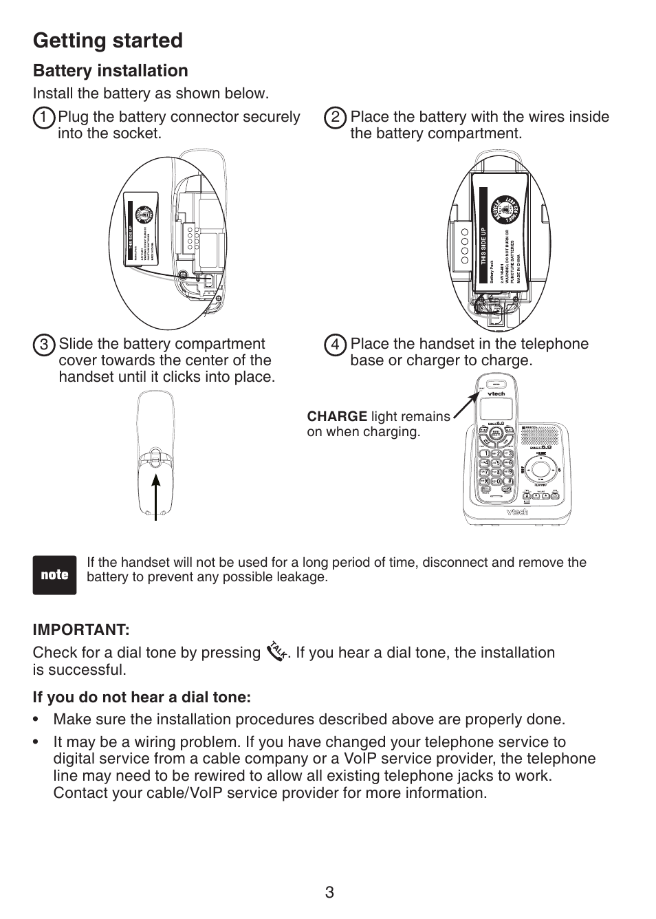 Battery installation, Getting started | VTech CS6124_-2-31 Manual User Manual | Page 7 / 55