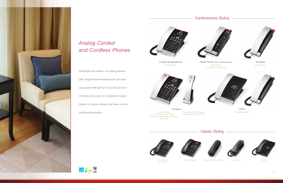 Analog corded and cordless phones, Classic styling contemporary styling | VTech Hotel Phones Brochure en User Manual | Page 6 / 9