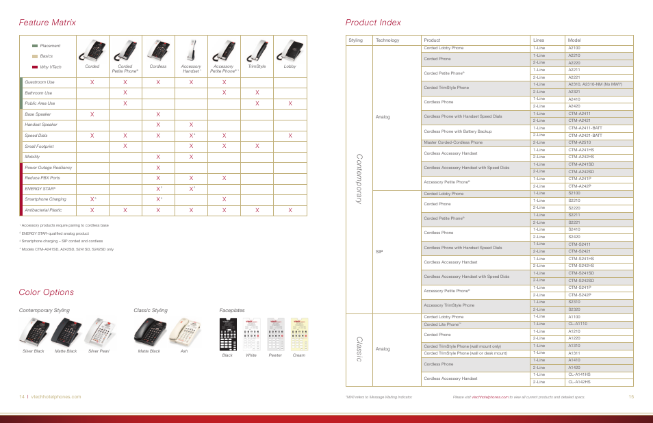 Product index, Feature matrix color options, Contemporary classic | VTech Hotel Phones Brochure en User Manual | Page 8 / 9