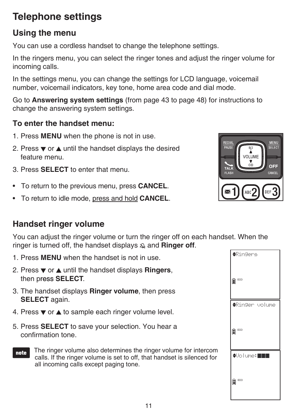 Telephone settings, Using the menu, Handset ringer volume | Using the menu handset ringer volume | VTech CS6829 Manual User Manual | Page 15 / 84