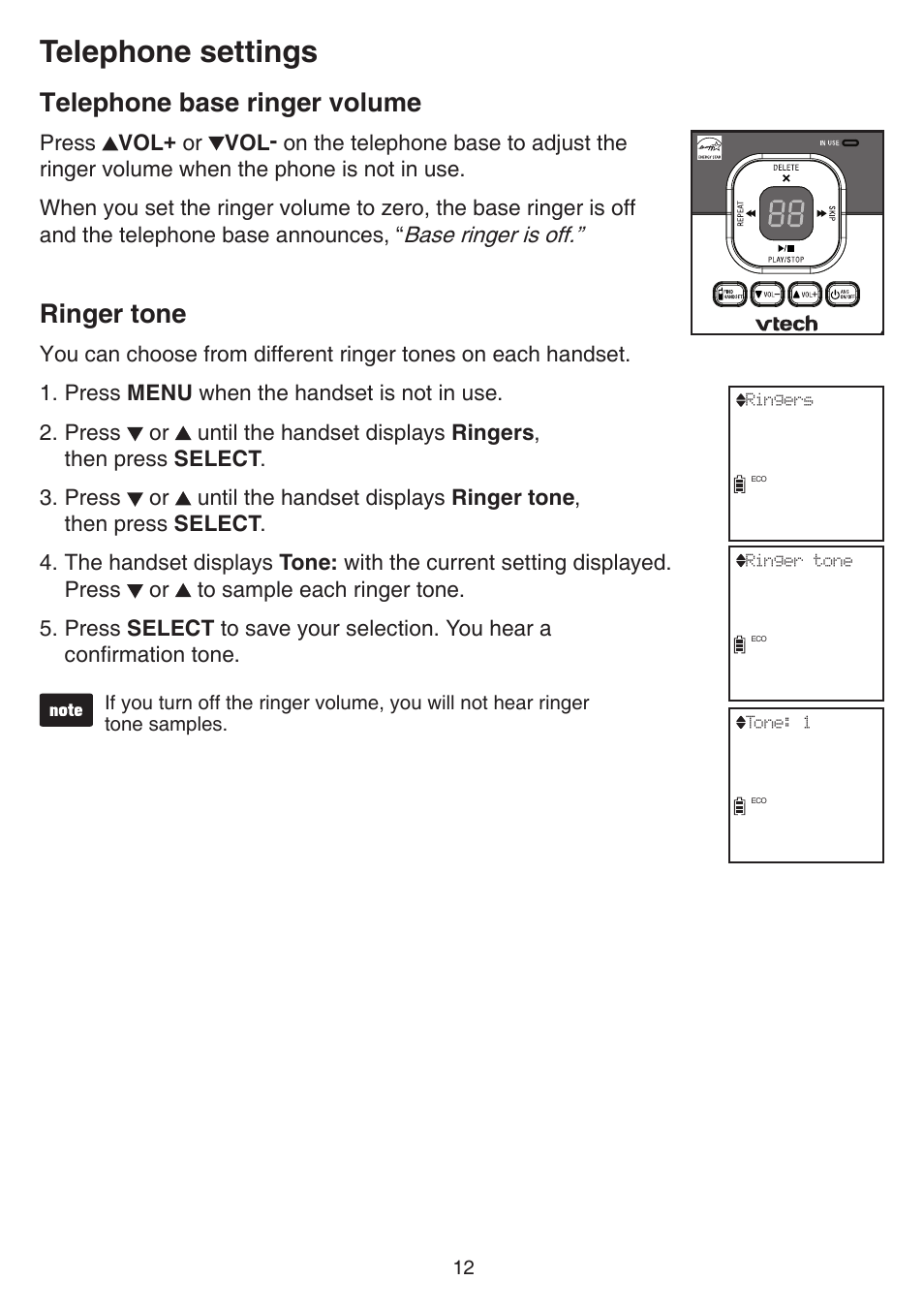 Telephone base ringer volume, Ringer tone, Telephone base ringer volume ringer tone | Telephone settings | VTech CS6829 Manual User Manual | Page 16 / 84